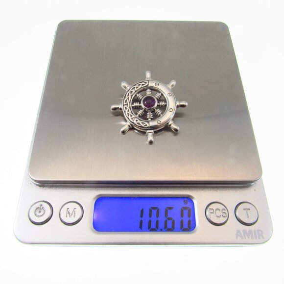 Solid 925 Sterling Silver Celtic Ship Wheel Helm Nautical Pendant w/ Gemstone - Picture 13 of 13